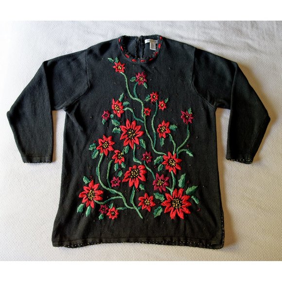 Vintage Arriviste Poinsettia Christmas Sweater, XL - Picture 1 of 4